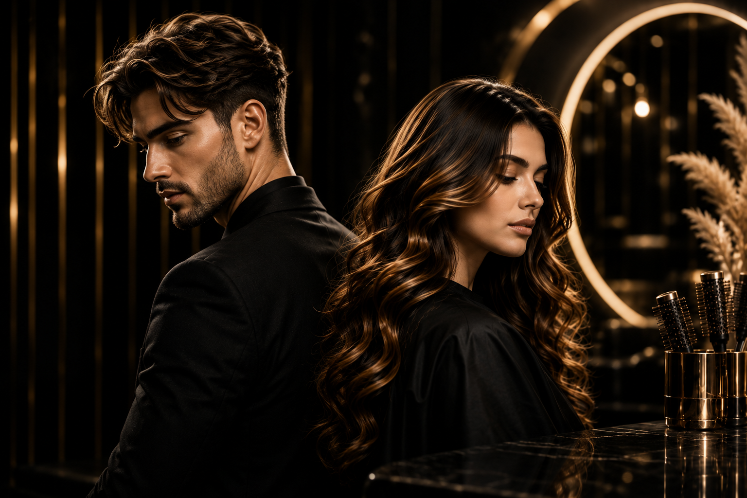 Male model with a premium fade haircut and female model with luxuriously styled hair at Hashmi Unisex Salon